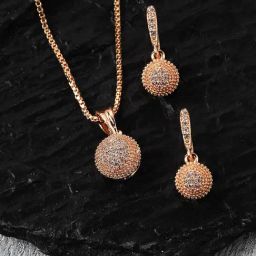 Zeneme Rose Gold Plated Round Shape Pendant & Earrings Set-2