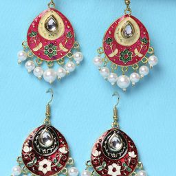 OOMPH Set Of 2 Artificial Stones Studded & Pearls Beaded Teardrop Meenakari Drop Earrings-50