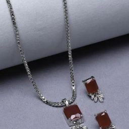 Zeneme Rhodium Plated AD Studded Square Leaf Shaped Jewellery Set-16