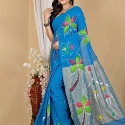 PuJoy Floral Zari Pure Cotton Handloom Taant Saree-picture-40