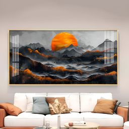 THE NEXT DECOR Black & Red Sun Rise In Mountains Glass Finish Horizontal Wall Art-image-24