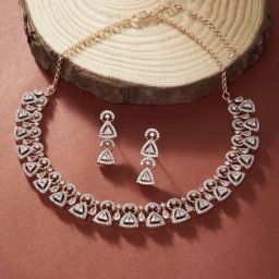Zaveri Pearls Rose Gold Cubic Zirconia Triangular Bling Necklace Earring Set-ZPFK15246-27