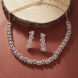 Zaveri Pearls Rose Gold Cubic Zirconia Triangular Bling Necklace Earring Set-ZPFK15243-81