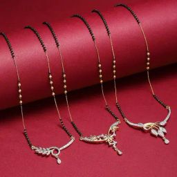 Zeneme Gold Plated Alloy Black Beaded AD Studded Mangalsutras Set of 3-38