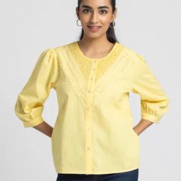SHAYE Yellow Round Neck Three-Quarter Sleeves Casual Shirt For Women-image-80