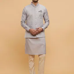 Twamev Mandarin Collar Long Sleeves Regular Straight Kurta With Trouser With Nehru Jacket-image-4