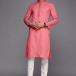 Manyavar Men Pink & White Solid Pure Cotton Kurta with Pyjamas-image-58