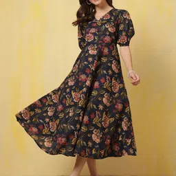 KEIYONA Floral Print Puff Sleeve Fit & Flare Midi Dress-picture-1