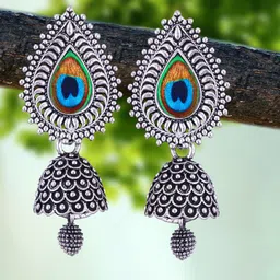 DIVASTRI Set of 5 Silver-Plated Oxidized Teardrop Shaped Jhumkas-1