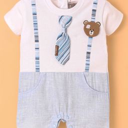 Little Kangaroos 100% Cotton Knit Half Sleeves Rompers with Bear Face Applique - White-picture-9