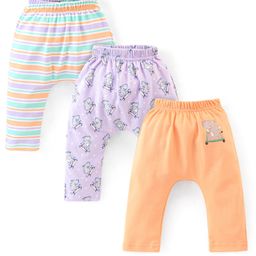 Babyhug Cotton Ankle Length Diaper Pants Stripes & Hippo Print Pack of 3- Peach Purple & Blue-image-64