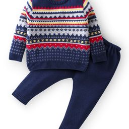 Babyhug Knitted Full Sleeves Sweater Set Ikat Design - Navy Blue-image-78