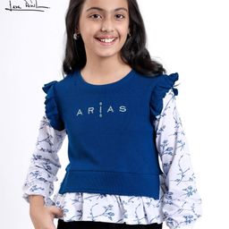 Arias Cotton Waffle Knit Full Sleeve Top with Floral Print and Embroidery - Blue-image-27