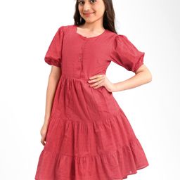 Pine Kids 100% Cotton Woven Half Sleeves With Textured Frock - Red-image-43