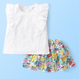 Babyhug Single Jersey Half Sleeves Schiffli Top with Back-Snap Buttons & Floral Printed Skirt Set - Multicolor-image-90
