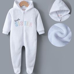 Kookie Kids Full Sleeves Footed  Hooded Winter Wear Romper with Text Embroidery - White-image-80