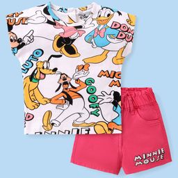 Babyhug Disney Single Jersey Knit Sleeveless T-Shirt & Shorts Set With Minnie Mouse & Donald Duck Print - Pink & White-image-34