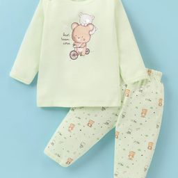 Simply Interlock Knit Full Sleeves Night Suit With Teddy Bear Print - Light Green-19