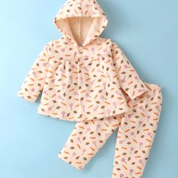 Tango Full Sleeves Hooded Front Open Winter Wear Night Suit With Candies Print - Cream-image-58