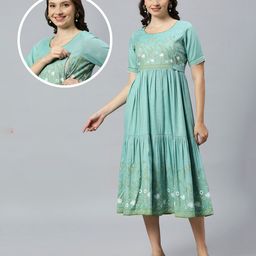 Dummy Shape Viscose Rayon Half Sleeves Floral Printed Maternity Flared Kurta With Nursing Access - Turquoise-image-56