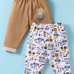 OHMS Single Jersey Knit Full Length Lounge Pants with Tractor Print Pack of 2 - Tan & White-image-11