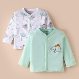 Wonderchild Pack Of 2 Full Sleeves Elephants Printed & Embroidered Vests - Sea Green & White-image-48