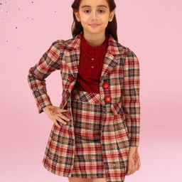 Cutecumber Checked & Glitter Detailed Dress With Full Sleeves Coordinating ShrugSet - Maroon-image-97