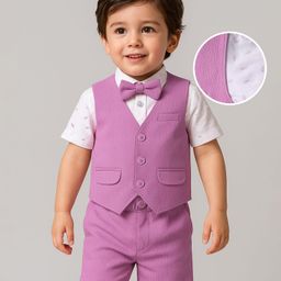 Mark & Mia Cotton Woven Half Sleeves Leaf Printed 3 Piece Party Suit With Bow - Pink & White-image-102