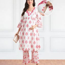 Bella Mama Woven Three Fourth Sleeves Embroidered Yoke & Floral Printed Maternity Suit Set - Pink-picture-11
