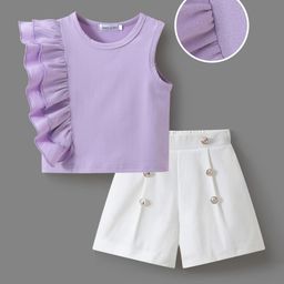 Mark & Mia Sleeveless Solid Color Top & Shorts Set with Button & Frill Detailing - Purple & White-image-58