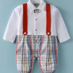 Wonderchild Interlock Full Sleeves Bow Applique Detailed Mock Style Suspender Detailed Checked Romper - Dull White-image-38
