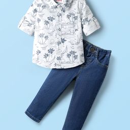 Babyhug Cotton Woven Full Sleeves Shirt & Denim Jeans Set With Tree Print - White & Blue-image-99