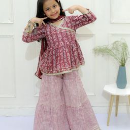 Ka-mee Cotton Woven Three Fourth Sleeves Floral Printed & Gota Lace Embellished Kurta & Sharara With Dupatta Set - Maroon-image-91