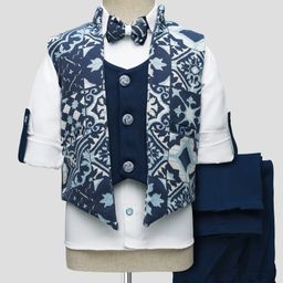 Radutu Full Sleeves Damask Printed 3 Piece Party Suit Set With Bow & Cap Set - Blue & White-18