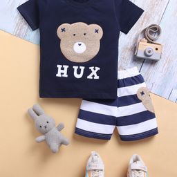 TOONYPORT Cotton Knit Half Sleeves Teddy Bear Patch Detailed Tee & Striped Shorts Set - Navy Blue-image-26