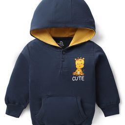 Doodle Poodle 100% Cotton Looper Knit Full Sleeves Hooded Sweatshirt With Giraffe Print & Kangaroo Pockets - Navy Blue-picture-24
