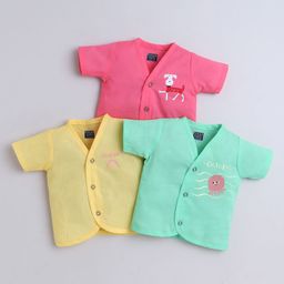 Polka Tots Cotton Woven Pack Of 3 Half Sleeves Octopus & Dog Printed Jhablas - Pink Yellow & Mint Green-image-80
