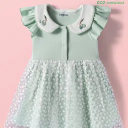 Babyoye 100% Cotton Woven Frill Sleeves Solid Dyed Party Dress With Floral & Cherry Embroidery - Light Green-picture-21