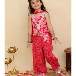 AJ Dezines Cotton Woven Sleeveless Floral Printed & Gota Lace Embellished Top Palazzo & Dupatta Set - Red-image-126