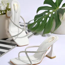 Shoetopia Stones Embellished Slip On Spool Heels Sandals - White-picture-25