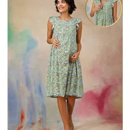 Zelena 100% Rayon Woven Frill Sleeves Floral Printed Maternity Dress With Centre Front Access - Blue-picture-37