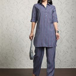 Vishudh Striped Shirt Collar Tunic With Trousers-image-72