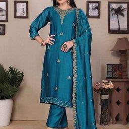 SUNDARNAARI Women Ethnic Motifs Embroidered Regular Kurta with Trousers & With Dupatta-46