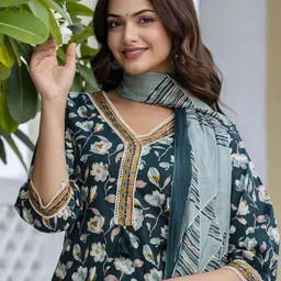 Anouk Green & White Floral Printed Pure Cotton Straight Kurta with Trouser & Dupatta-39