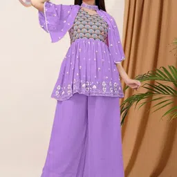 PARROT CREATION Floral Embroidered Georgette Anarkali Kurti With Sharara-26