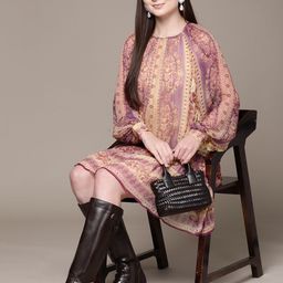 Label Ritu Kumar Floral Print Ruffled Chiffon A-Line Dress & Camisole-image-12