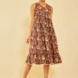 Soch Womens Maroon Cotton Floral Printed Alia-Cut Dress With Lace-image-47