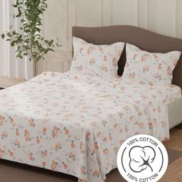 Layers Lumina Floret White & Orange Cotton Floral 140 TC Flat Double Bedsheet with 2 Pillow Covers-picture-45