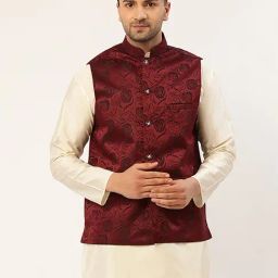 Jompers Maroon Regular Fit Self Pattern Nehru Jacket-image-10