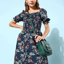 Rare Navy Floral Print A Line Dress-image-38
